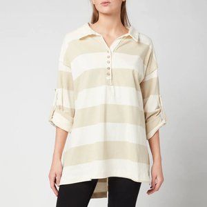 Free People Striped Rolled Up Cuff Sleeves Peyton Rugby Top Sand Combo Small